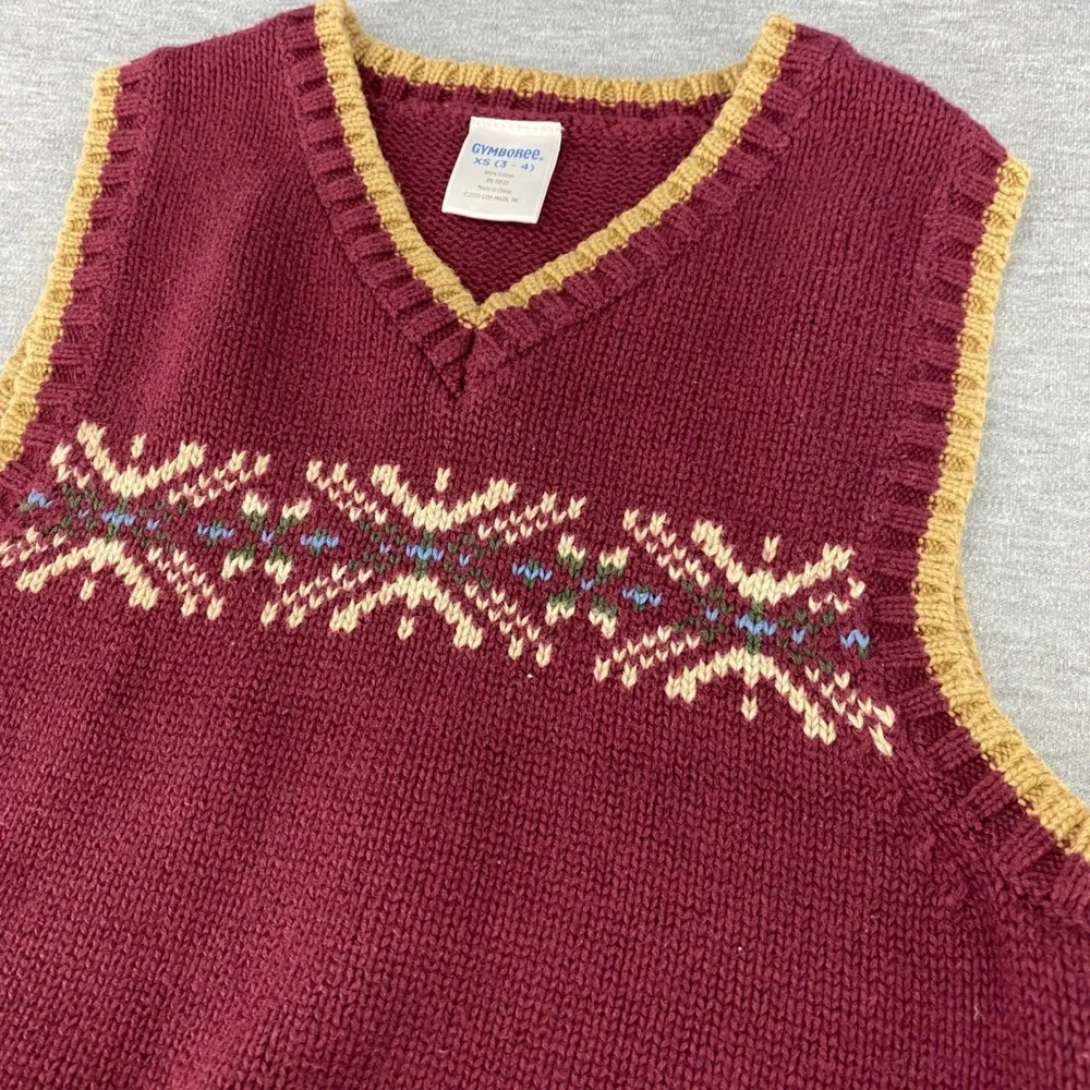Gymboree Kids Burgundy Fair Isle Snowflake‎ Knit Vest Size XS 3-4 Cotton